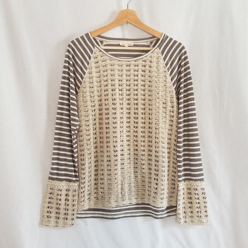 Hem and Thread long sleeve gray striped tan crochet overlay shirt women L